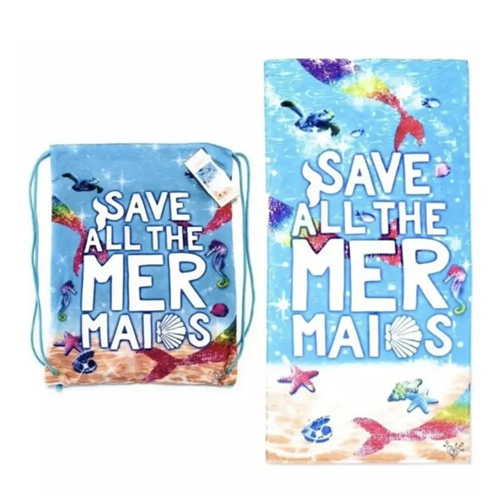 JUSTICE GIRL’S TOWEL IN TOTE DRAWSTRING‎ BAG SET “ SAVE ALL THE MERMAIDS ”